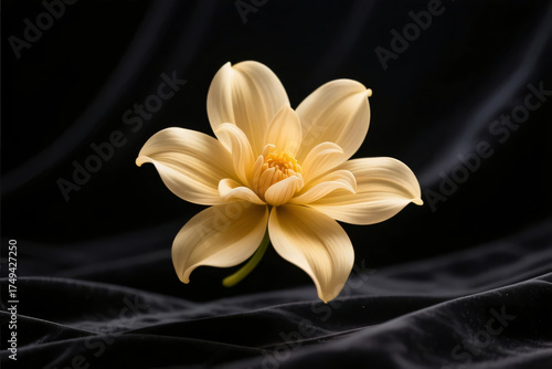 White and yellow frangipani blossoms, also known as plumeria, isolated against a striking black background