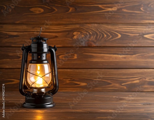 A lit, classic black lantern sits on a rustic wooden surface with a rich brown grain. The warm glow shines