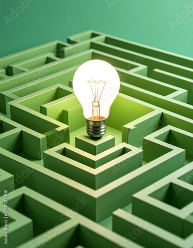 A lit lightbulb sits centered in a geometric green maze, symbolizing a bright idea overcoming challenges. The bulb glows against the green backdrop