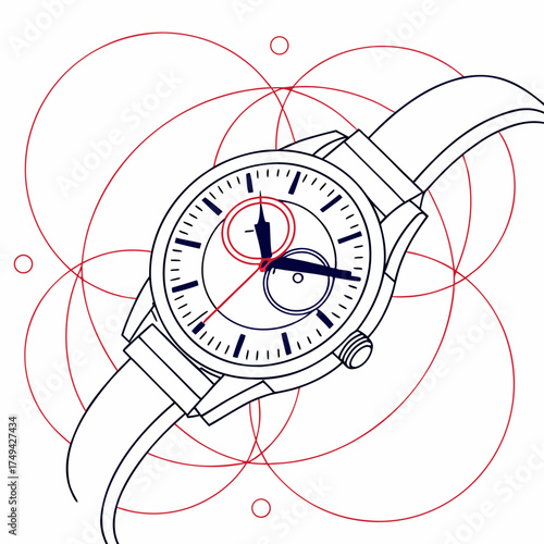 A detailed line art illustration of a classic wristwatch with a dark blue outline and red geometric circles and arcs overlaying a white background