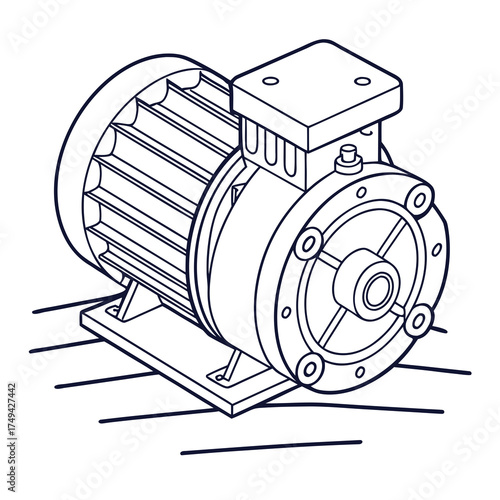 A detailed isometric line art illustration of an electric motor with a fan cooling system and a mounting base perfect for industrial design and engineering concepts