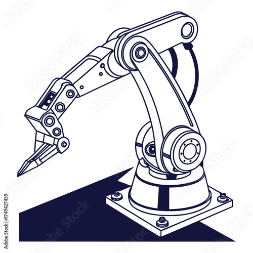 A detailed line art illustration of a robotic arm with a gripper end effector mounted on a base representing industrial automation and advanced technology in manufacturing processes