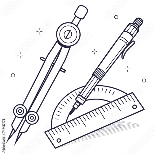 A detailed line drawing of geometric drafting tools including a compass ruler protractor and mechanical pencil on a white background with small circular and cross graphic elements