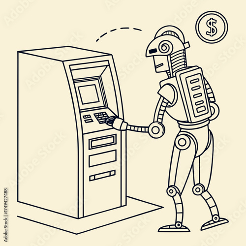 A futuristic robot character interacting with a modern automated teller machine atm to withdraw money or conduct financial transactions in a simple line art illustration