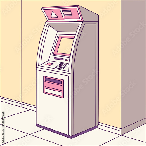 A stylized illustration of a modern atm machine with a pink and cream color scheme featuring a screen keypad and card slot set against a neutral background with a tiled floor