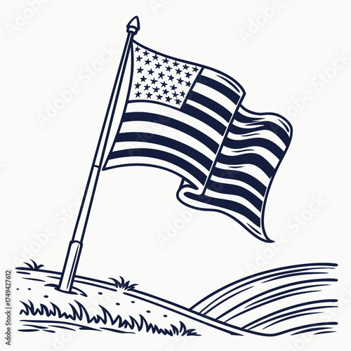 A stylized graphic illustration of the american flag waving proudly on a flagpole against a backdrop of rolling hills and grass