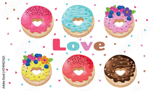 Valentine's Day donut set with assorted flavors. A selection of colorful donuts. Various types of glazed and chocolate donuts. Design elements for cafes, menus, and commercial banners.