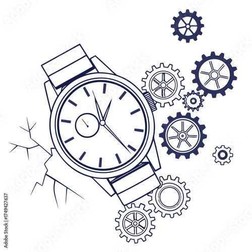 A stylized line art illustration of a classic wristwatch with a cracked surface and surrounding gears symbolizing time mechanics and the passage of moments