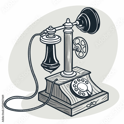 A vintage candlestick telephone with a rotary dial and a coiled cord rendered in a classic black and white line art style with subtle gray shading evoking nostalgia and historical communication
