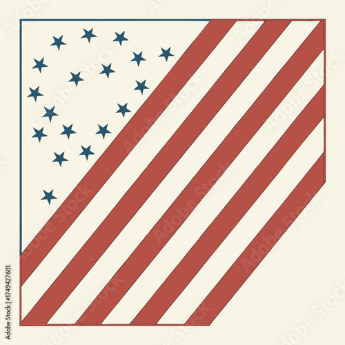 A stylized representation of the american flag with a cream background featuring red and cream diagonal stripes and a circle of blue stars on the upper left quadrant evoking a vintage patriotic feel