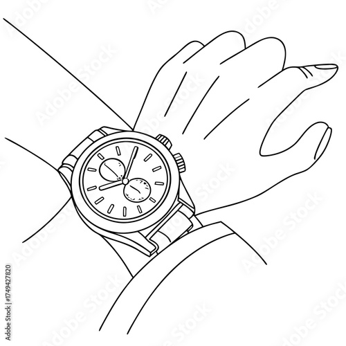 Close up line art illustration of a person wearing a stylish chronograph wristwatch on their left wrist showcasing the watch face and hand details