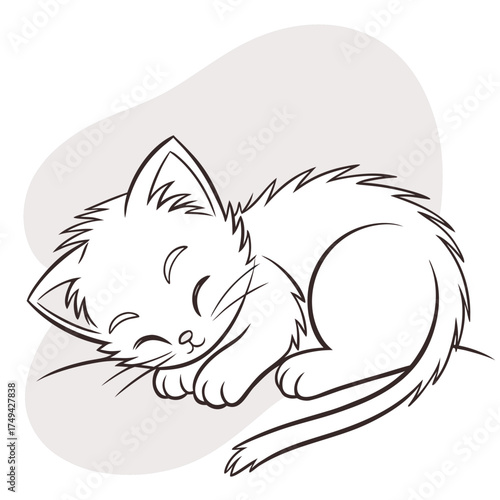 Adorable black and white line art illustration of a cute fluffy kitten peacefully sleeping curled up on a light gray organic shape background