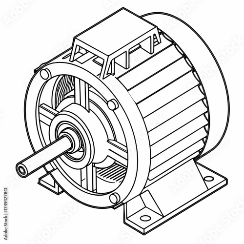 Clean isometric line drawing illustration of an electric motor with a shaft and mounting feet showcasing its industrial design and mechanical components in a simple black and white outline style