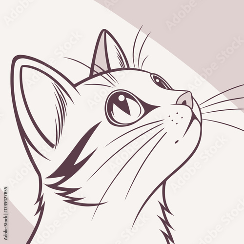 Close up line art illustration of a curious cat looking upwards with large expressive eyes and long whiskers against a soft neutral background with subtle shadow