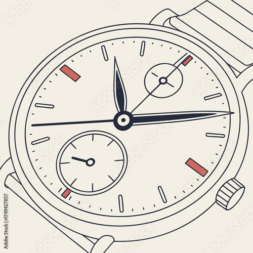 Detailed illustration of a classic analog wristwatch face with a cream dial black hands and subtle red hour markers showcasing a small subdial for seconds and a chronograph function
