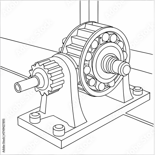 Detailed isometric line drawing of a mechanical assembly featuring a gear and a ball bearing housed within a sturdy support structure on a flat surface