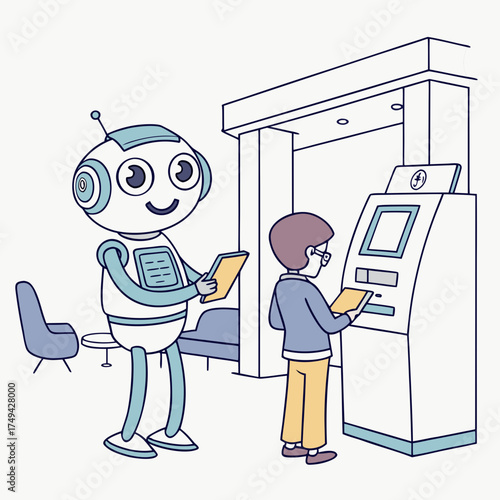 Friendly cartoon robot assisting a person at a self service kiosk or atm machine in a modern waiting area with chairs and a sofa