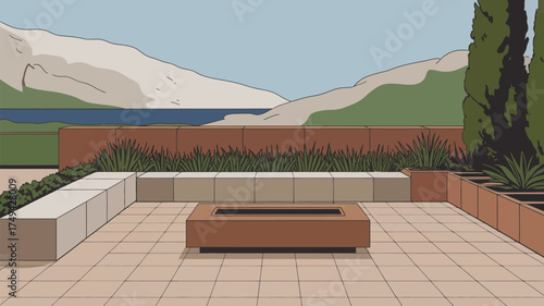 Illustration of an outdoor patio with a fire pit seating area and mountain views in the background