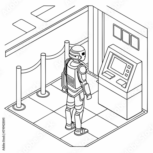 Futuristic robot interacting with a modern atm machine in a clean minimalist interior space with stanchions and a tiled floor isometric view black and white line art illustration