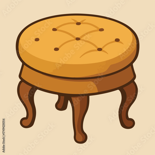 Cartoon Round Stool With Curved Legs Golden Brown Wood Furniture Illustration