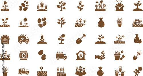 Agriculture and farming icons collection showing plants, crops, barns, seeds, soil, trucks, and gardening tools for organic farm design