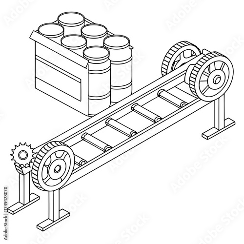 Isometric line art illustration of a six pack of cans on a conveyor belt system with gears and rollers in a factory setting for production and manufacturing processes