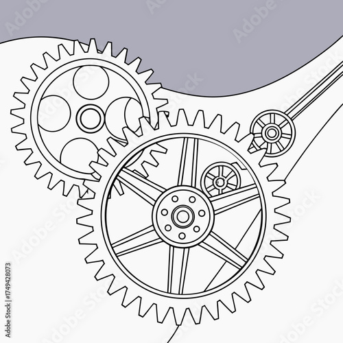 Intricate interlocking gears and cogs in a mechanical assembly representing teamwork complexity and engineering precision in a clean line art style