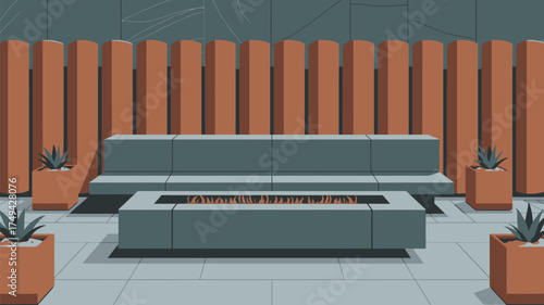 A modern outdoor patio with a gray sofa, fire pit, orange planters, and a wooden fence backdrop design