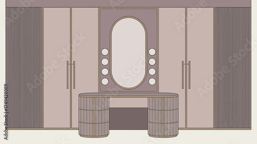 Illustration of a vanity table with oval mirror and wardrobe in a minimalist style room setting