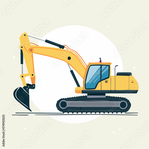 A yellow excavator machine operates on railway tracks viewed from the side in an industrial setting