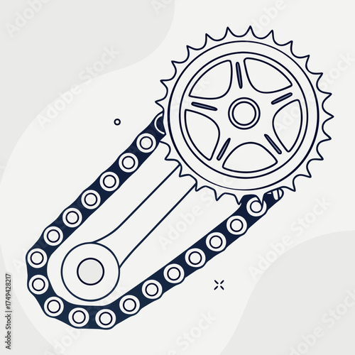 Stylized outline illustration of a bicycle chain and sprocket with a crank arm on a light grey background with subtle wave patterns and decorative elements