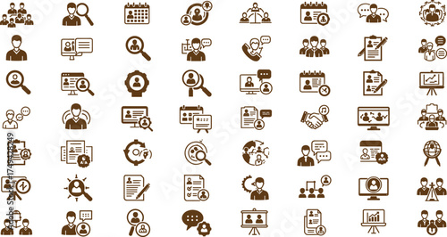 Business communication icons set, human resources management, teamwork, leadership, recruitment, office collaboration, employee connection, corporate planning, brown vector illustration.