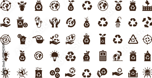 Eco friendly recycling icon set, sustainability symbols, green energy, environment protection, reusable materials, zero waste concept vector illustration.