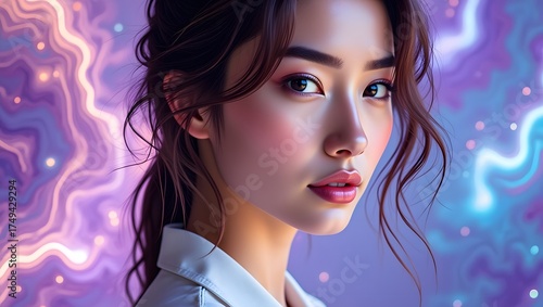 a digital painting of a woman with long hair, wide angle