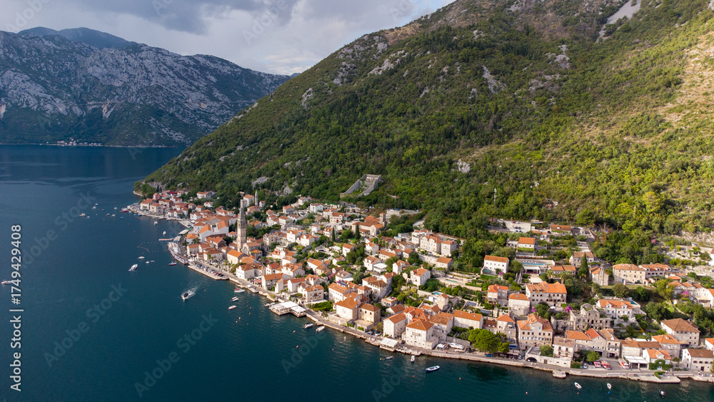 Fototapeta premium Kotor Bay, Montenegro — Aerial Drone View of Mountains and Beautiful Nature