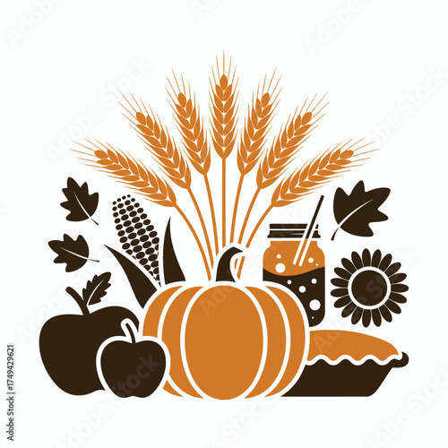  Thanksgiving Harvest Silhouette Bundle Wheat Pumpkin Sunflower Apple Pie Mason Jar Leaf Vector Set