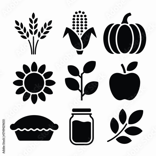  Thanksgiving Harvest Silhouette Bundle Wheat Pumpkin Sunflower Apple Pie Mason Jar Leaf Vector Set