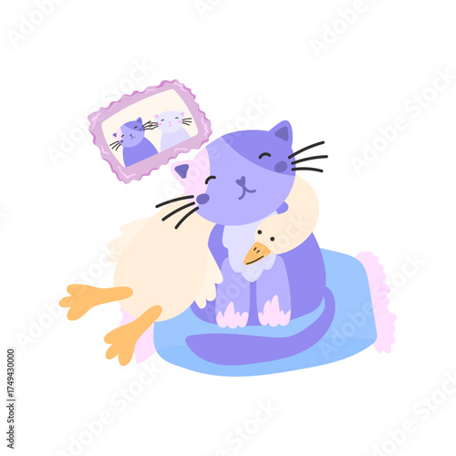 Vector illustration of a cute cat with a toy goose. Perfect for home, interior, or children designs, stickers, clipart, and cute family-themed projects