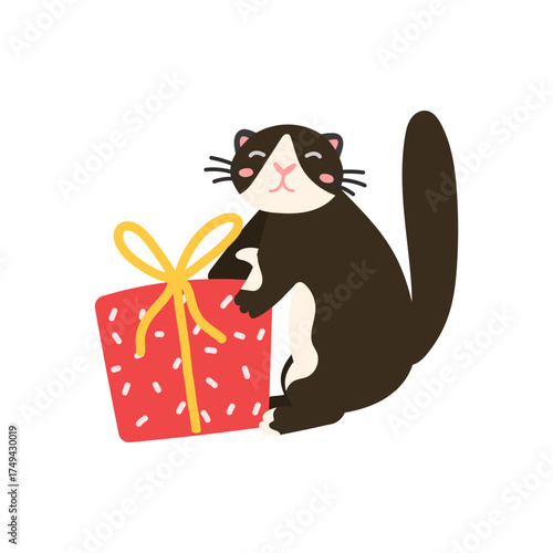 Vector illustration of a cute cat with a gift box. Ideal for Christmas, birthday, or New Year designs