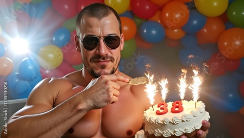a man holding a birthday cake with two candles on it, wide angle