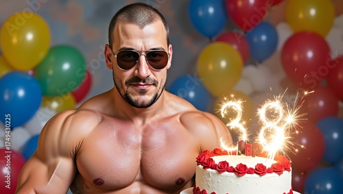 a man holding a cake with a lit candle on it, wide angle