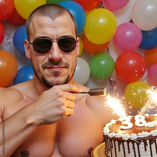 a man holding a knife in front of a birthday cake, portrait