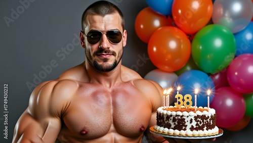 a man holding a cake with candles on it, wide angle