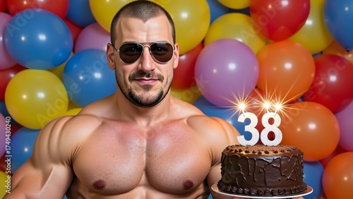 a man holding a cake with a lit candle on it, wide angle