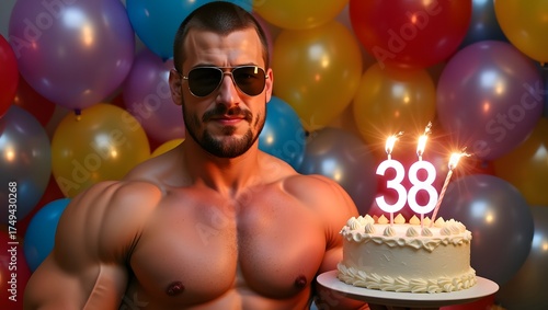 a man holding a cake with a candle on it, wide angle
