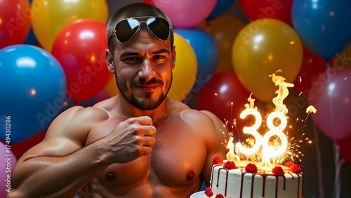 a man with a birthday cake in front of a bunch of balloons, wide angle