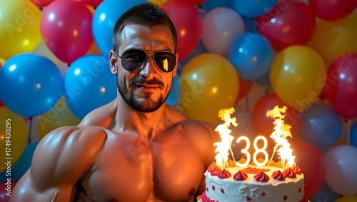 a man holding a cake with a candle on top of it, wide angle