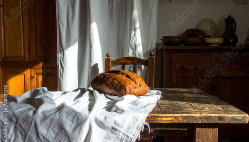 A loaf of freshly baked bread sits on a rustic wooden table draped with a white cloth in a cozy room with a wooden cabinet