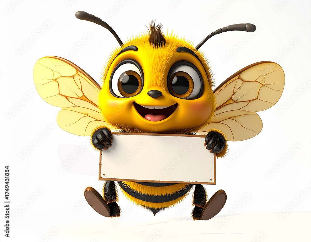 Fototapeta premium Cute 3D Cartoon Bee Holding Blank Sign, Happy Smiling Character Illustration on White Background