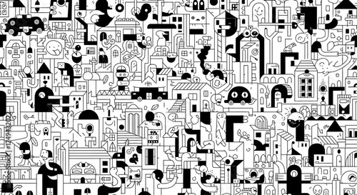 Whimsical Black and White Cityscape Illustration